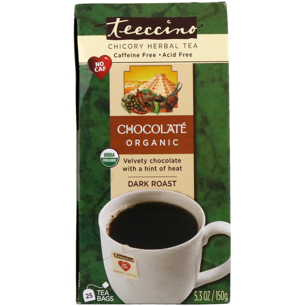 Teeccino, ชาสมุนไพรชิโครี, คั่วเข้ม, ช็อคโกแลต , ปราศจากคาเฟอีน, ถุงชา 25 ใบ, 5.3 ออนซ์ (150 กรัม)