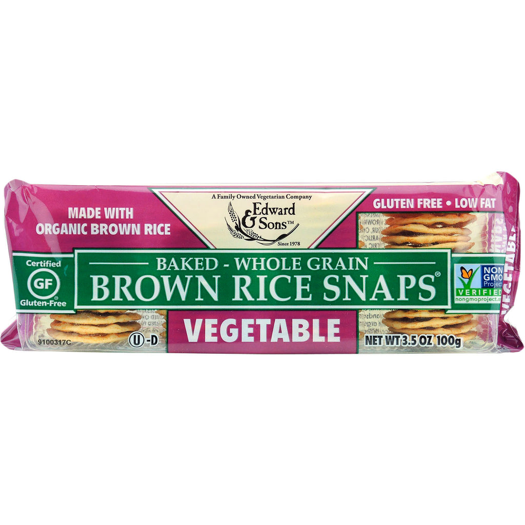Edward &amp; Sons, Snaps de riz brun à grains entiers cuits au four, légumes, 3,5 oz (100 g)