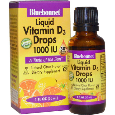 Bluebonnet Nutrition, vloeibare vitamine D3-druppels, natuurlijke citrussmaak, 1.000 IE, 1 fl oz (30 ml)