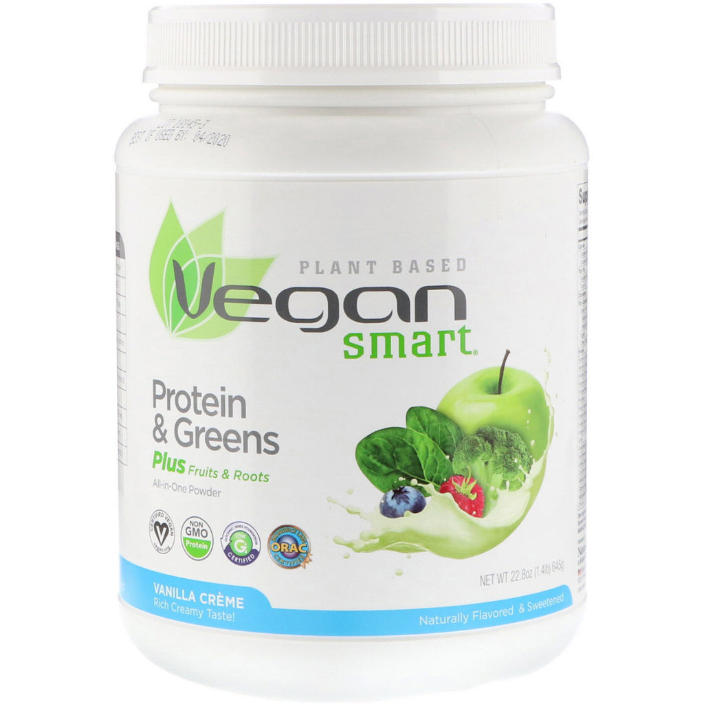 VeganSmart, Protein & Greens, Allt-i-ett-pulver, vaniljkräm, 22,8 oz (645 g)