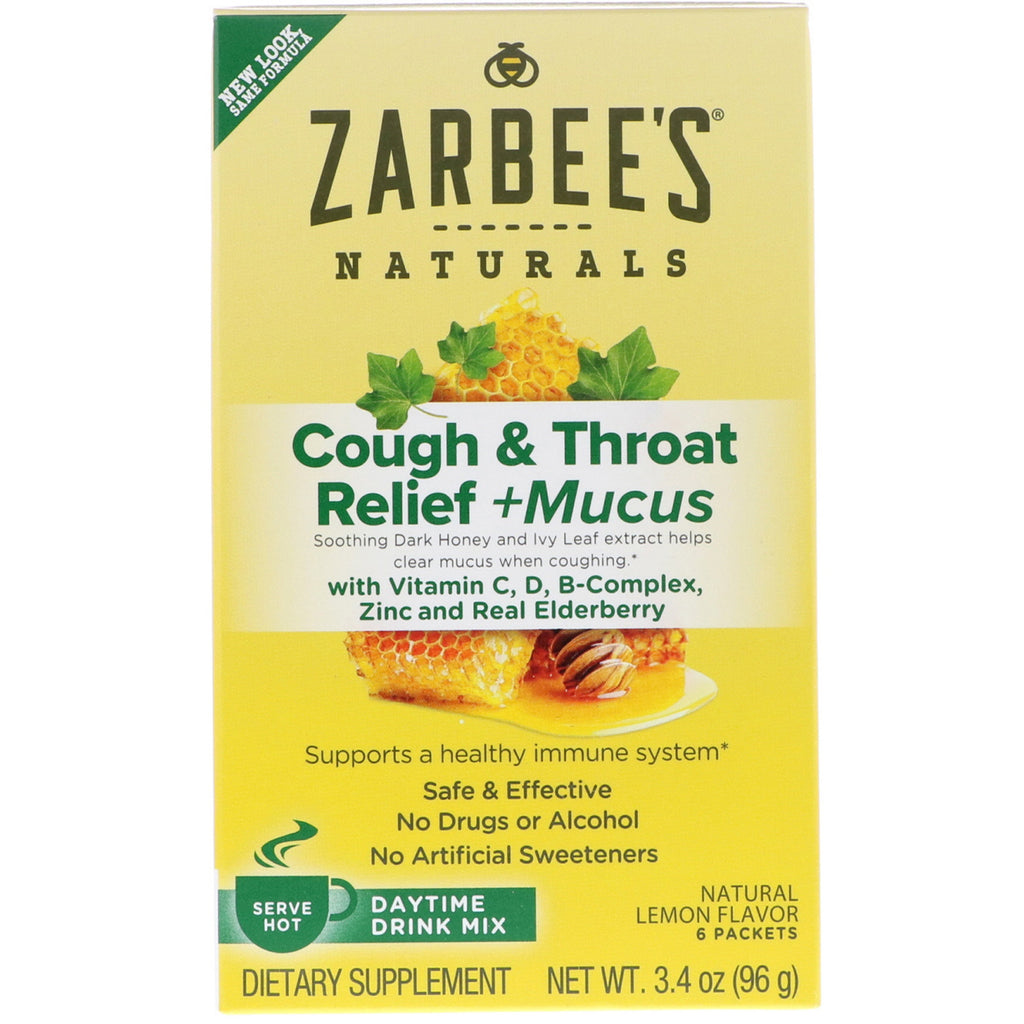 Zarbee's, Amestec de băutură pentru tuse și gât + mucus pentru zi, aromă naturală de lămâie, 6 pachete, 3,4 oz (96 g)