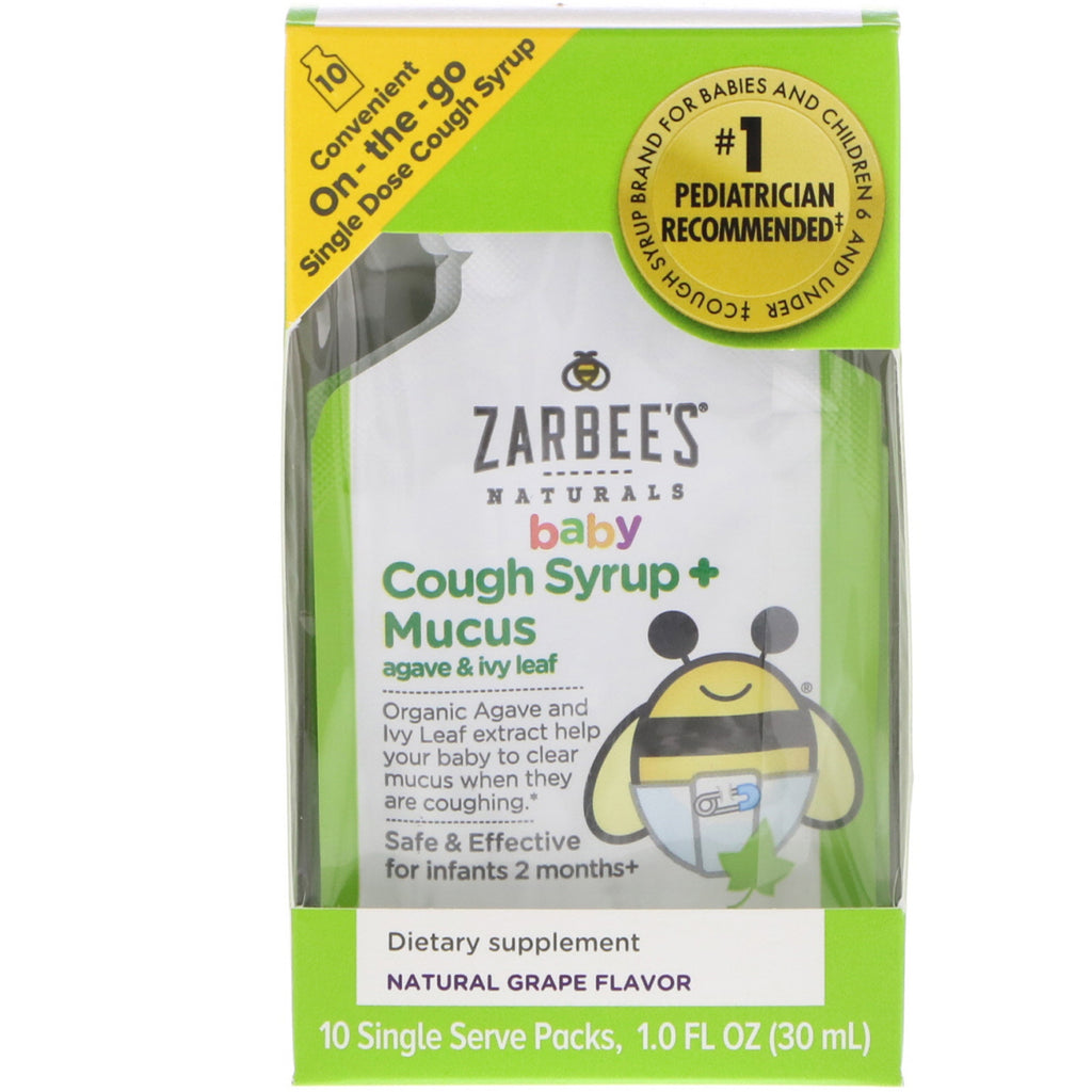 Zarbee's Jarabe para la tos para bebés + moco con agave y hoja de hiedra, sabor a uva natural para llevar, 10 paquetes de una sola porción, 1,0 fl oz (30 ml) cada uno