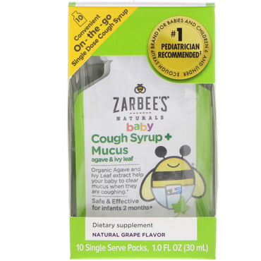 Zarbee's Baby-Hustensaft + Schleim mit Agave und Efeublatt für unterwegs, natürlicher Traubengeschmack, 10 Einzelportionspackungen à 1,0 fl oz (30 ml).