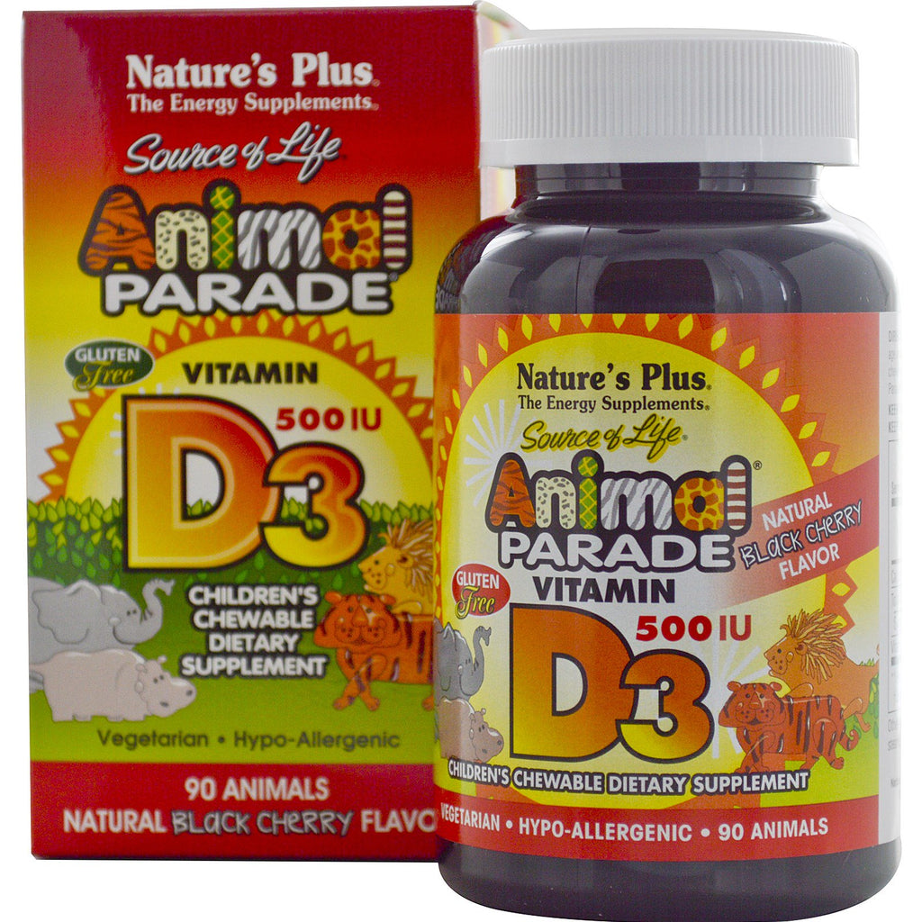 Nature's Plus, Source of Life, Animal Parade, Vitamin D3, Natural Black Cherry Flavor, 500 IE, 90 dyr