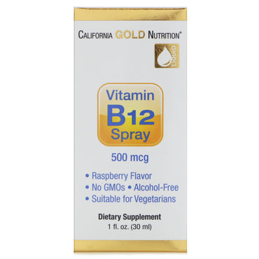 California Gold Nutrition, بخاخ فيتامين ب12، خالي من الكحول، توت العليق، 500 ميكروجرام، 1 أونصة سائلة (30 مل)