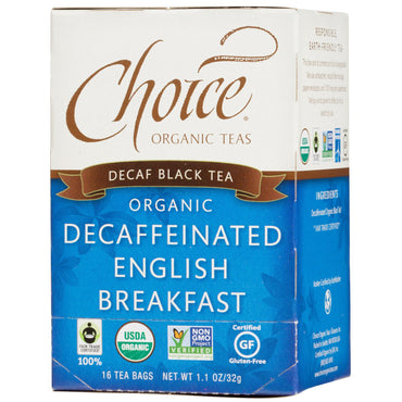 Choice Teas, té negro descafeinado, desayuno inglés descafeinado, 16 bolsitas de té, 32 g (1,1 oz)