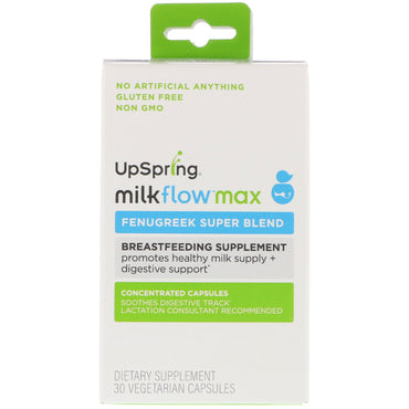 UpSpring, Milkflow Max, Súper mezcla de fenogreco, 30 cápsulas vegetarianas