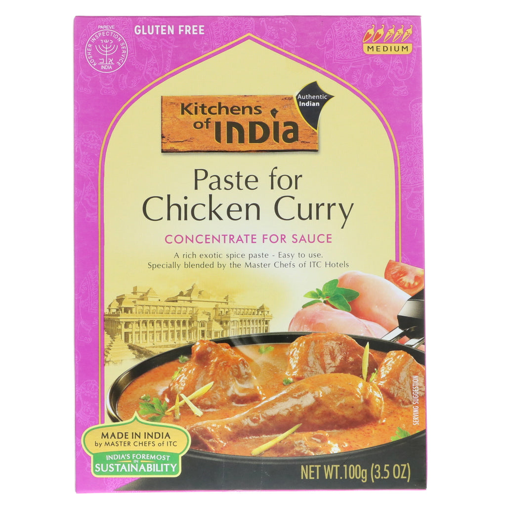 Kitchens of India, pastă pentru pui curry, concentrat pentru sos, mediu, 3,5 oz (100 g)