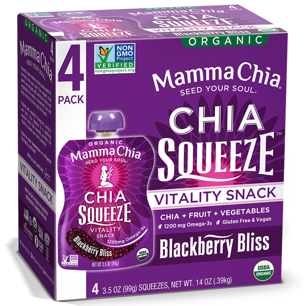 Mamma Chia, Chia Squeeze، وجبة خفيفة حيوية، بلاك بيري بليس، 4 عصائر، 3.5 أونصة (99 جم) لكل منها