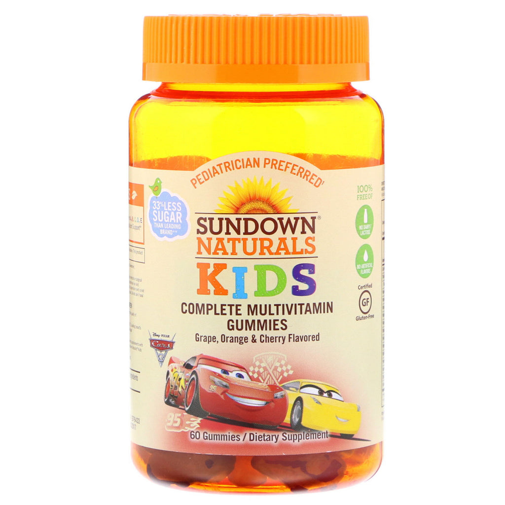 Sundown naturals børn, komplette multivitamin gummier, disney cars 3, drue, appelsin og kirsebær, 60 gummier