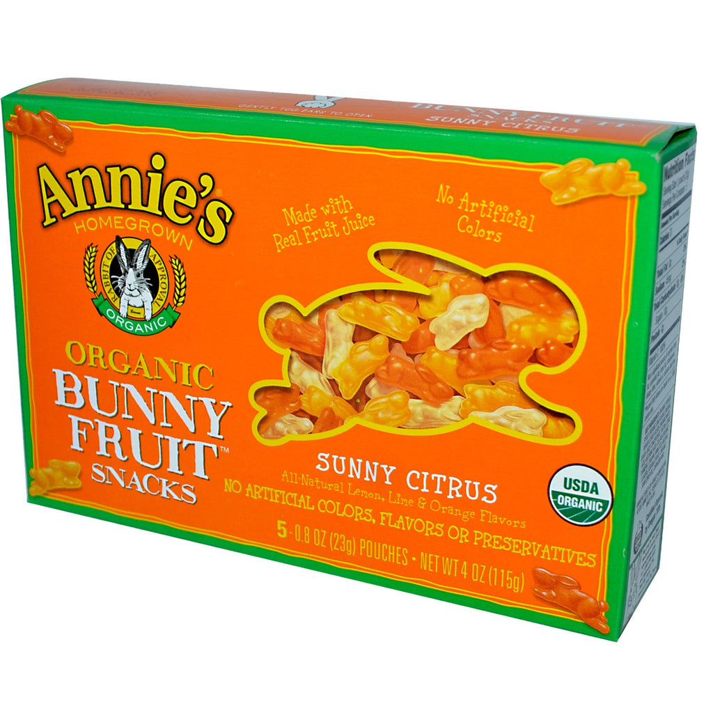 Annie's Homegrown, 토끼 과일 스낵, 써니 시트러스, 5개 파우치, 각 0.8oz(23g)