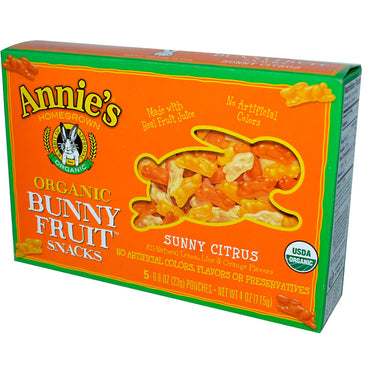 Annie's Homegrown, Snacks de fruta de conejito, cítricos soleados, 5 sobres, 23 g (0,8 oz) cada uno