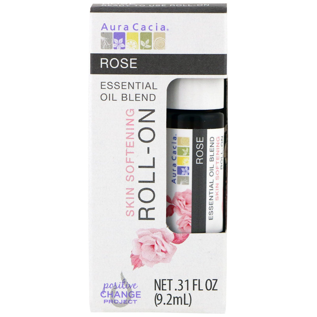 Aura Cacia, Mezcla de aceites esenciales, Roll-On suavizante de la piel, Rosa, 9,2 ml (0,31 oz. líq.)