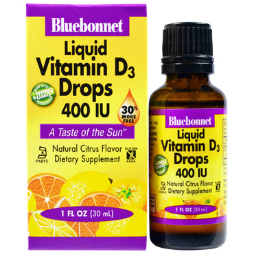 Bluebonnet Nutrition, vloeibare vitamine D3-druppels, natuurlijke citrussmaak, 400 IE, 1 fl oz (30 ml)