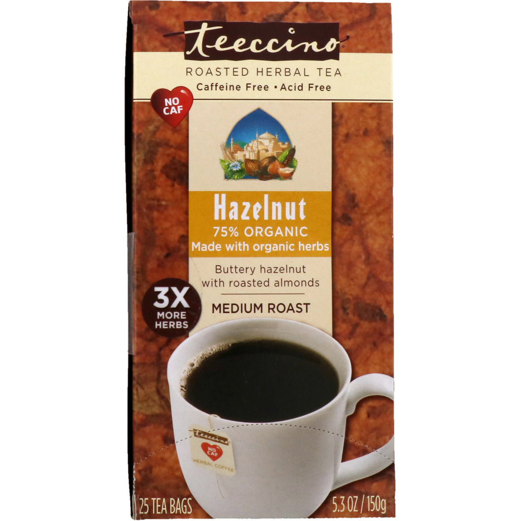 Teeccino, geroosterde kruidenthee, medium gebrand, hazelnoot, cafeïnevrij, 25 theezakjes, 5.3 oz (150 g)