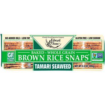 Edward & Sons, Snaps de riz brun à grains entiers cuits au four, algues Tamari, 3,5 oz (100 g)