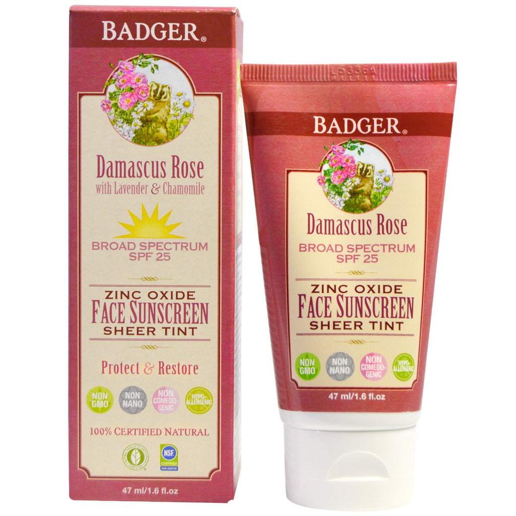 Badger Company, zinkoxide gezicht zonnebrandcrème pure tint, SPF 25, Damascus Rose, 1.6 fl oz (47 ml)