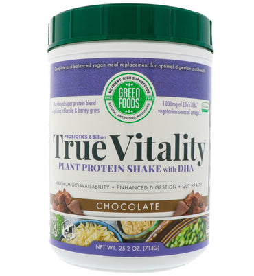 Green Foods Corporation, True Vitality, Shake de proteine ​​vegetale cu DHA, ciocolată, 25,2 oz (714 g)