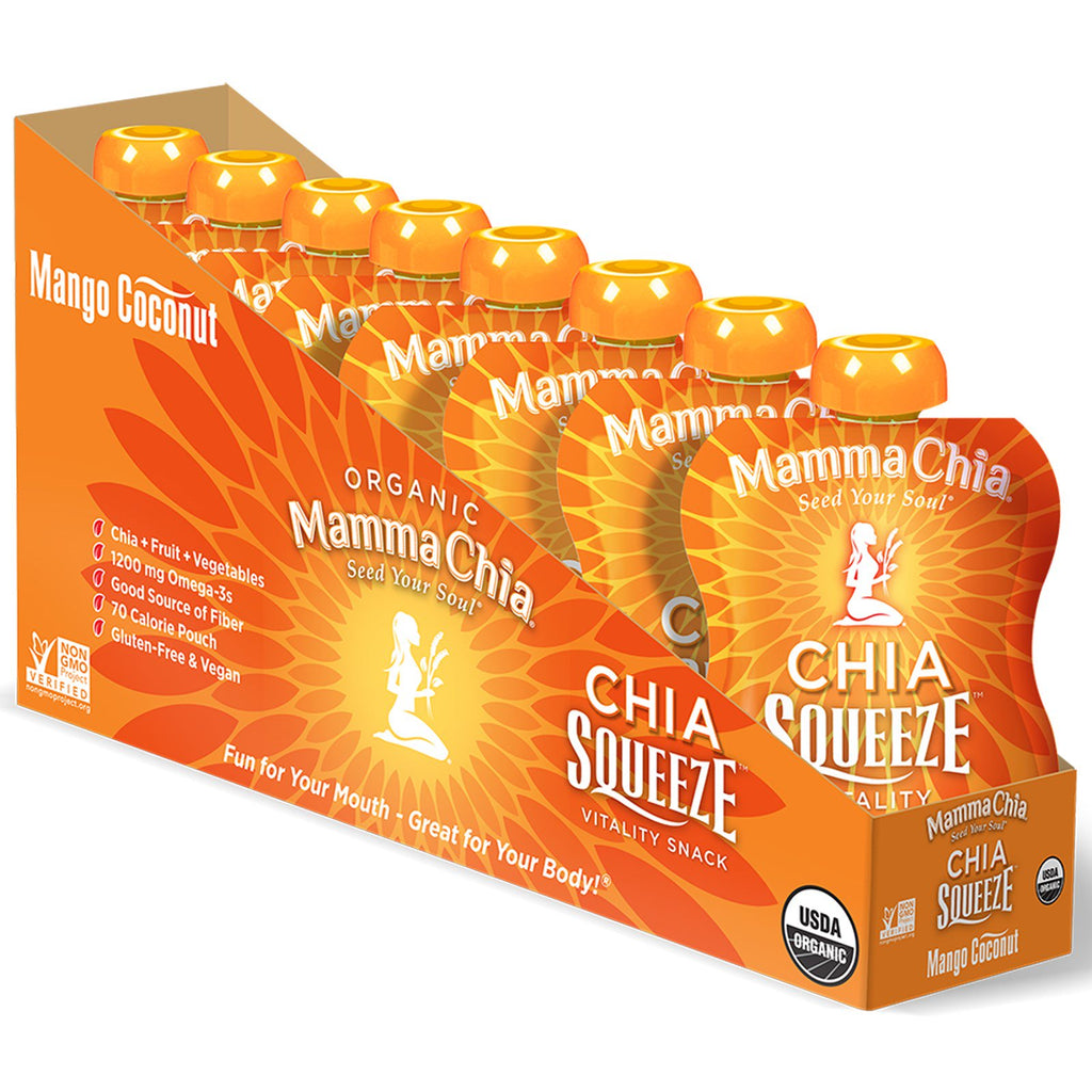 Mamma Chia, , Chia Squeeze, Vitality Snack, Mango Coconut, 8 ซอง, 3.5 ออนซ์ (99 กรัม) ต่อชิ้น