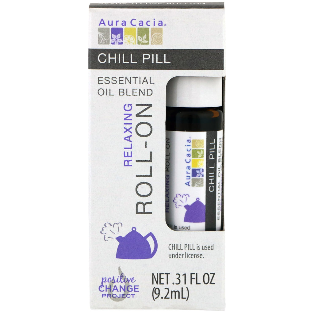 Aura Cacia, essensiell oljeblanding, avslappende roll-on, chill pill, 0,31 fl oz (9,2 ml)