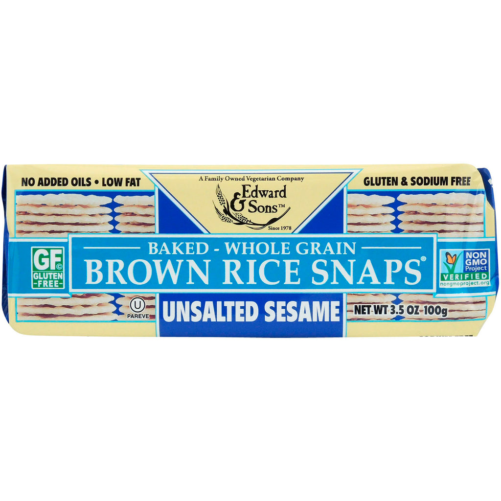Edward &amp; Sons, Snaps de riz brun à grains entiers cuits au four, sésame non salé, 3,5 oz (100 g)