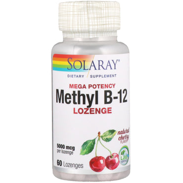 Solaray, Mega potencia Metil B-12, sabor natural a cereza, 5000 mcg, 60 pastillas
