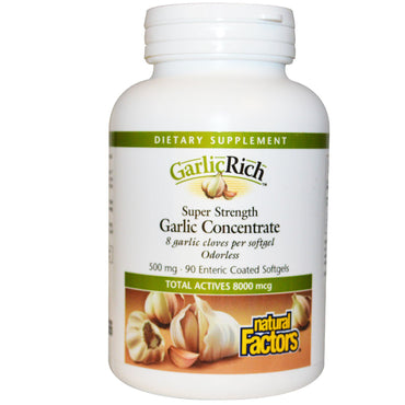 Natural Factors, GarlicRich, Super Stength, concentrado de ajo, 500 mg, 90 cápsulas blandas con recubrimiento entérico