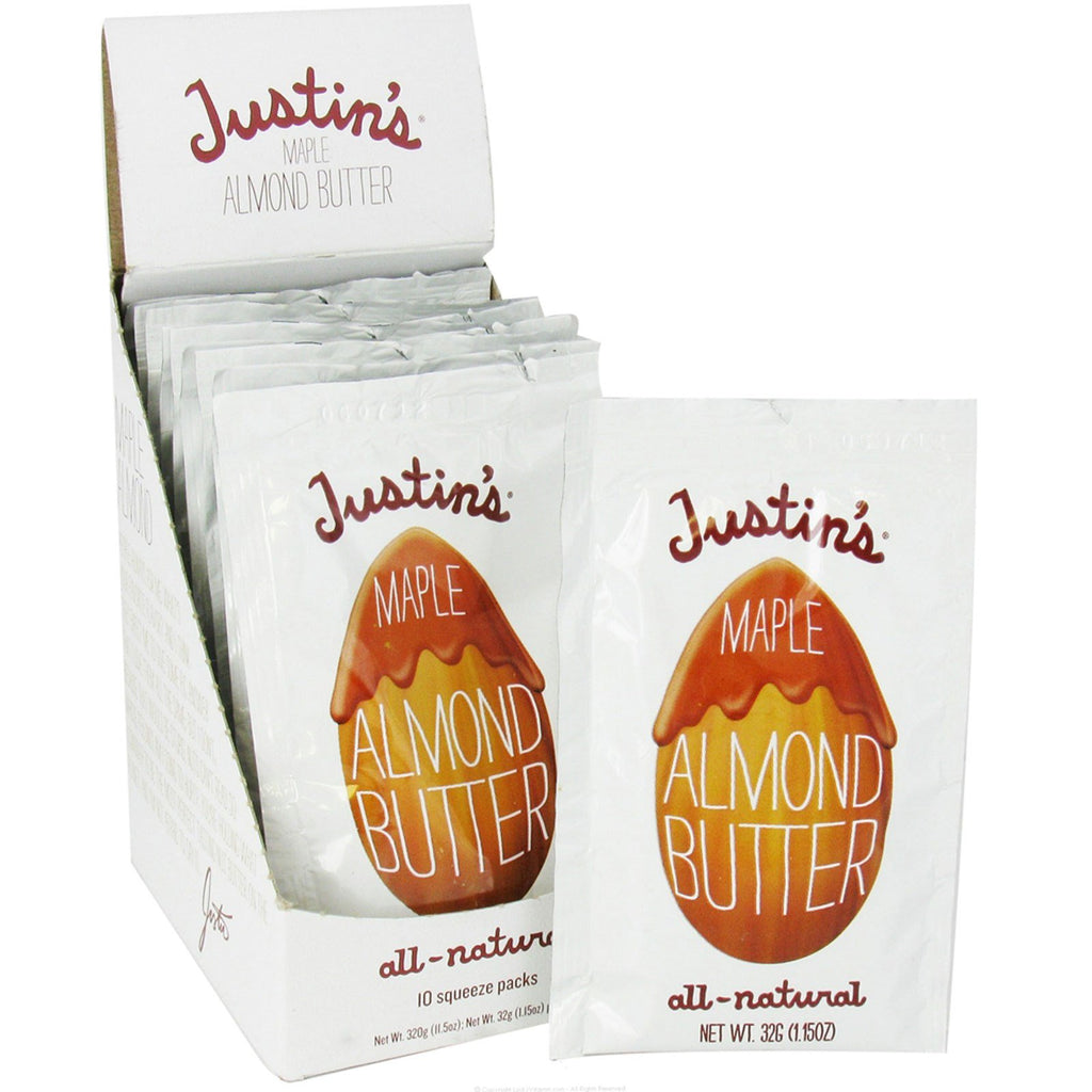 Mantequilla de nueces Justin's, mantequilla de almendras y arce, 10 paquetes exprimibles, 32 g (1,15 oz) cada uno