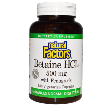 Natural Factors, Betaína HCL, com Feno-Grego, 500 mg, 180 Cápsulas Vegetais
