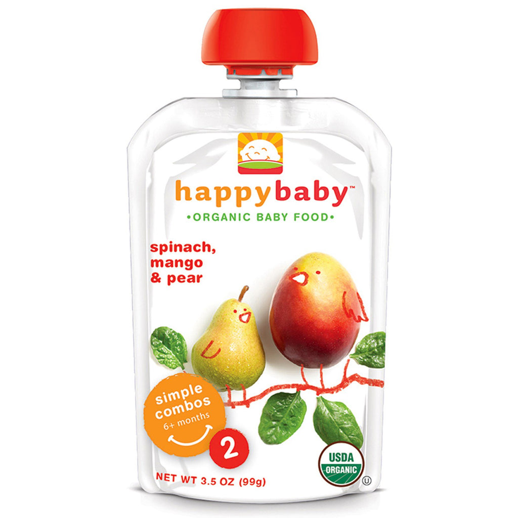 Nurture Inc. (Happy Baby) Comida para bebés Etapa 2 6+ meses Espinacas, mango y pera 3,5 oz (99 g)
