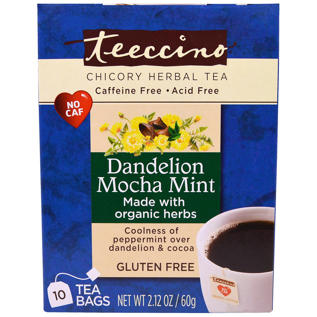 Teeccino, Roasted Herbal Tea, Dandelion Mocha Mint, Caffeine Free, 10 Tea Bags, 2.12 oz (60 g)