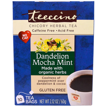 Teeccino, geroosterde kruidenthee, paardenbloem mokka-munt, cafeïnevrij, 10 theezakjes, 2.12 oz (60 g)