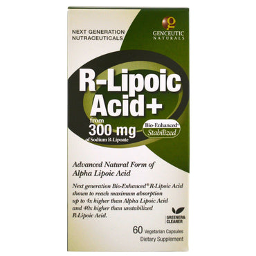 Genceutic Naturals, Ácido R-Lipóico+, 300 mg, 60 Cápsulas Vegetais