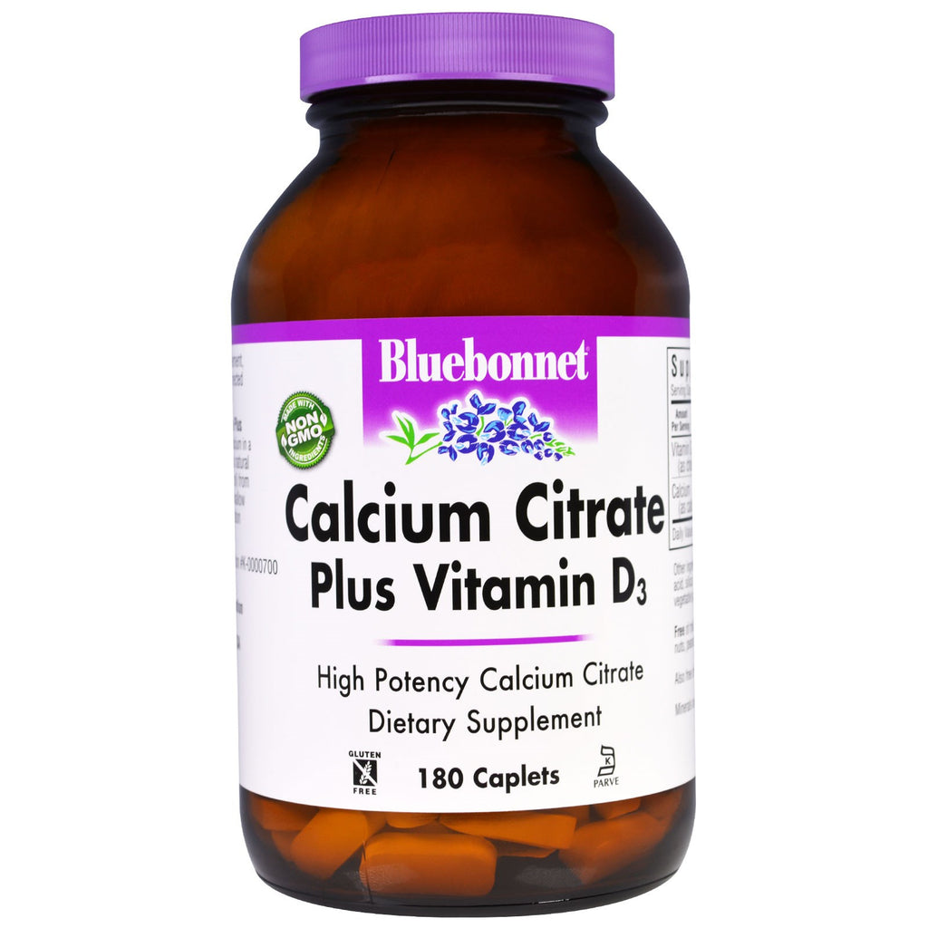 Bluebonnet-voeding, calciumcitraat, plus vitamine d3, 180 caplets