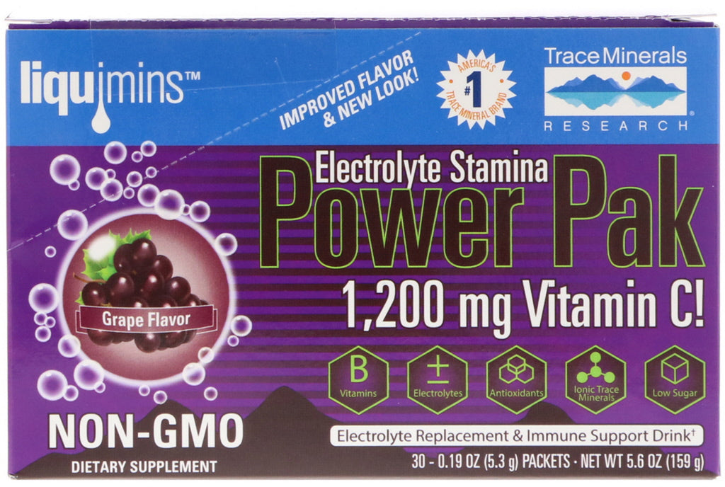 מחקר מינרלים עקבות, Electrolyte Stamina Power Pak, ענבים, 1,200 מ"ג, 30 מנות. 0.19 אונקיות (5.3 גרם) כל אחד