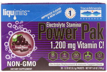 Sporenmineralenonderzoek, Elektrolyt Stamina Power Pak, Druif, 1.200 mg, 30 pakjes. 0,19 oz (5,3 g) elk