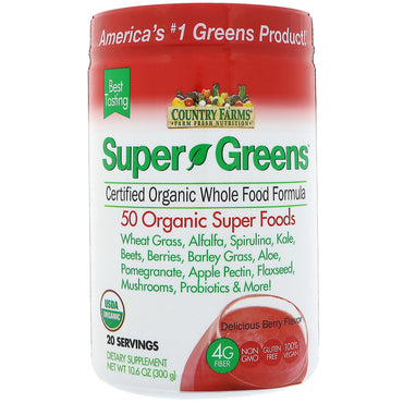Country Farms, Super Greens, Formule d'aliments entiers certifiés, Délicieuse saveur de baies, 10,6 oz (300 g)