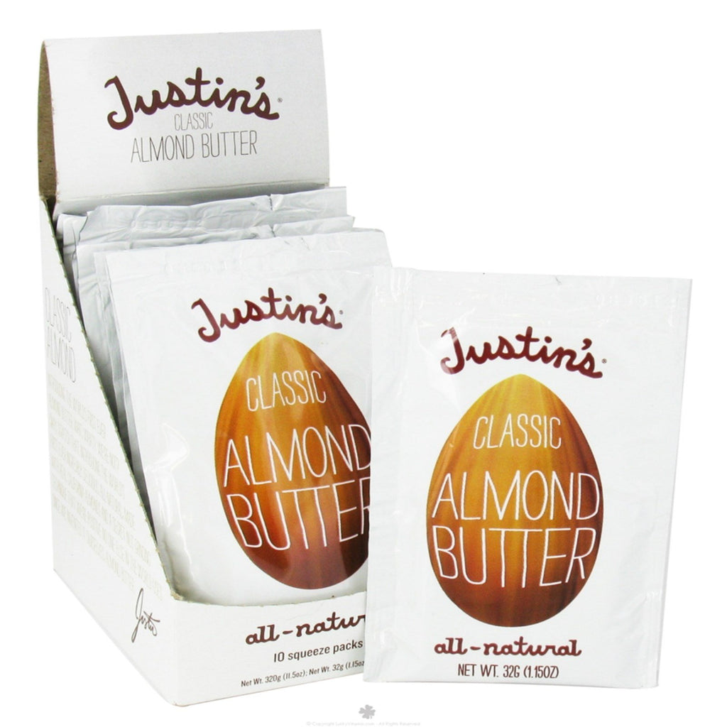 Mantequilla de nueces Justin's, mantequilla de almendras clásica, totalmente natural, 10 paquetes exprimibles, 32 g (1,15 oz) por paquete