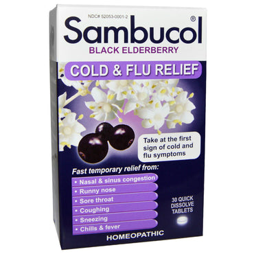 Sambucol, sureau noir, soulagement du rhume et de la grippe, 30 comprimés à dissolution rapide