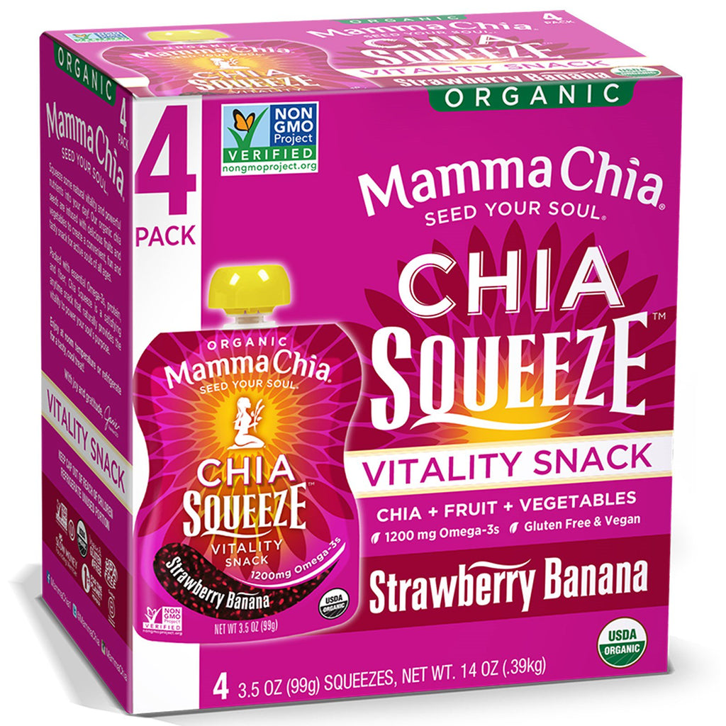 Mamma Chia, Chia Squeeze, Vitality Snack, Strawberry Banan, 4 Squeezes, 3,5 oz (99 g) hver
