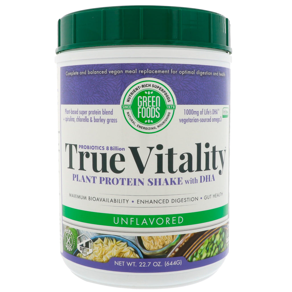 Green Foods Corporation, True Vitality, batido de proteína vegetal con DHA, sin sabor, 22,7 oz (644 g)