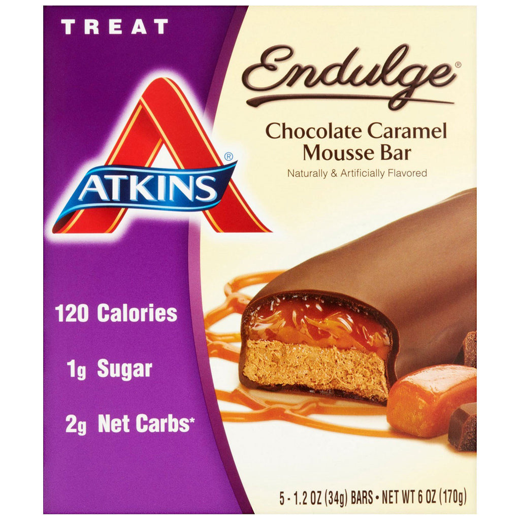 Atkins, Endulge, Choklad Caramel Mousse Bar, 5 Bars, 1,2 oz (34 g) per Bar