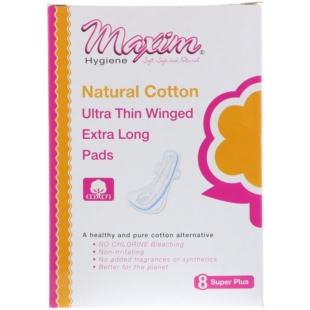 Maxim Hygiene Products, serviettes extra longues à ailes ultra fines, Super Plus, 8 serviettes
