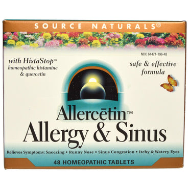 Source naturals, alercetina, alergia e sinusite, 48 comprimidos homeopáticos