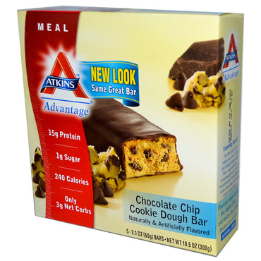 Atkins, Advantage, barra de masa para galletas con chispas de chocolate, 5 barras, 2,1 oz (60 g) cada una
