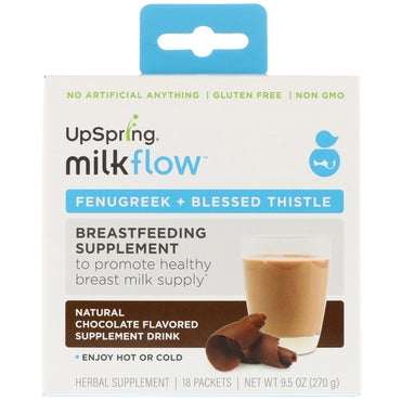 UpSpring, Milkflow, Fenugreek + Blessed Thistle Supplement Drink, Natural Chocolate Flavor, 18 Packets, (15 g) Each