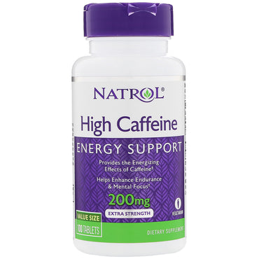 Natrol, høj koffein, 200 mg, 100 tabletter