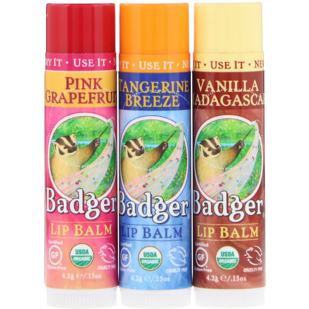 Badger Company Coffret cadeau de baume à lèvres, boîte rouge, paquet de 3, 0,15 oz (4,2 g) chacun