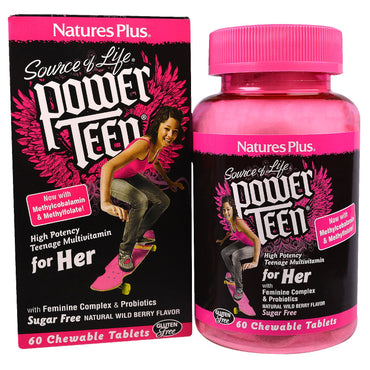 Nature's Plus, Source of Life, Power Teen, For Her, Natural Wild Berry Flavor, 60 tyggetabletter