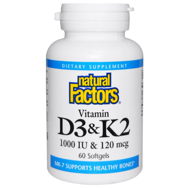 Fatores naturais, vitamina d3 e k2, 60 cápsulas moles